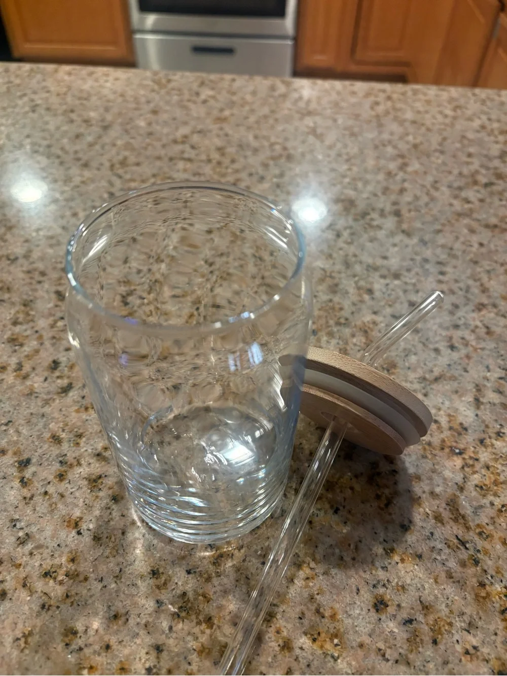 Glass Drink Cup with Light Wood Lid and Glass Straw - Clear